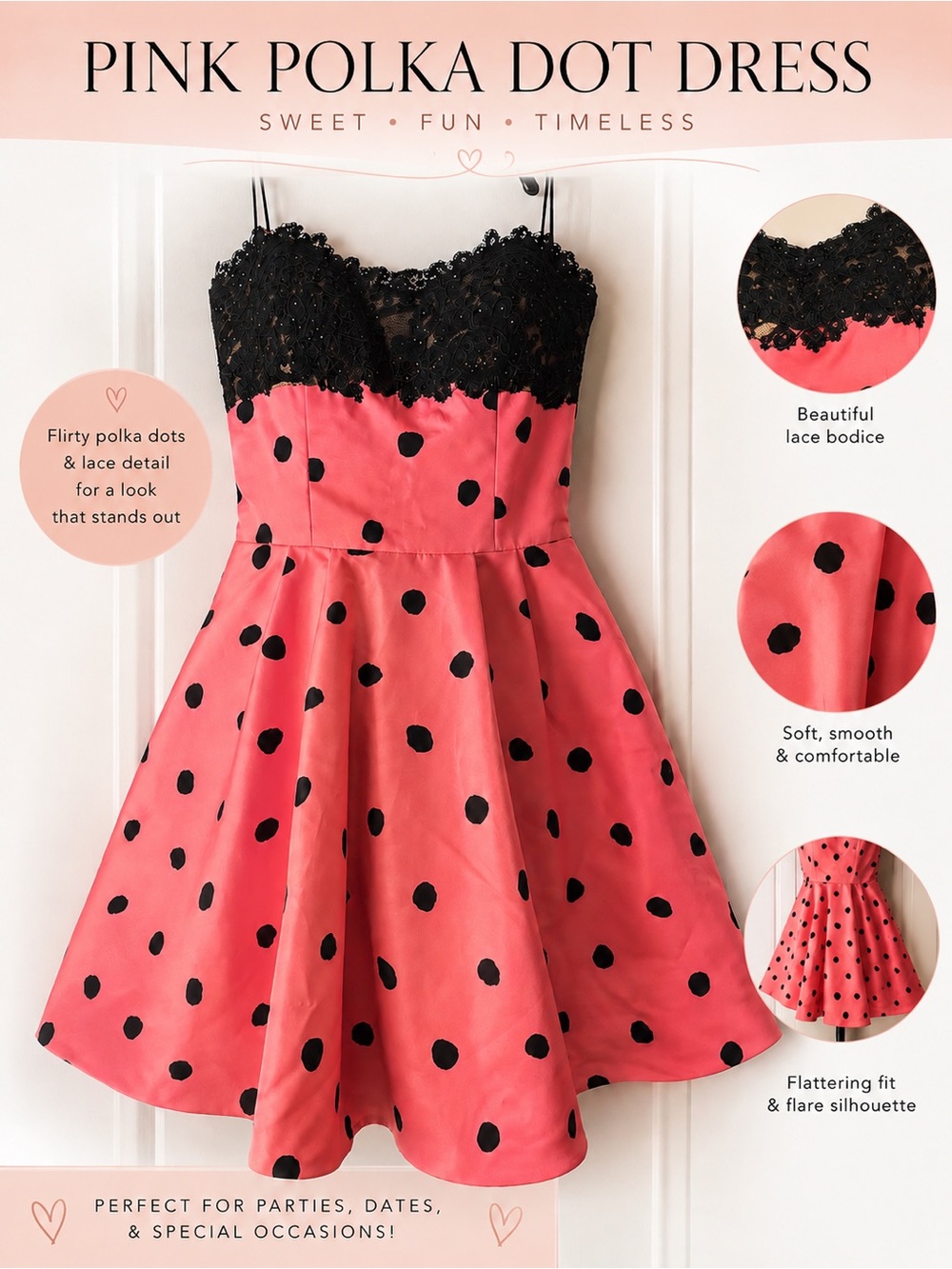 Sherri Hill Pink Polka Dot Dress with Black Lace Bodice